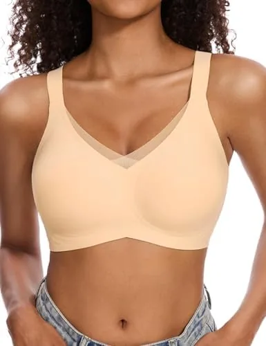 vinfact womens v lace wireless seamless bras no underwire comfort push up bras supportive full coverage bralettes t shirt bra skin color l
